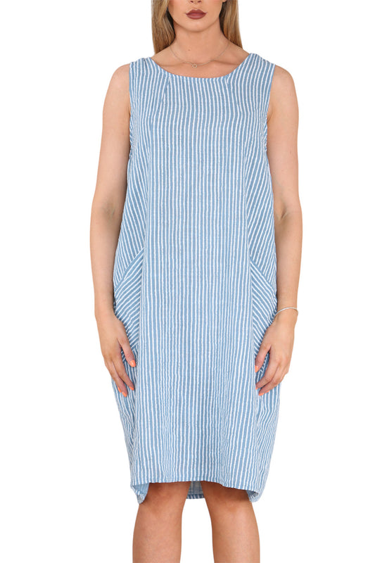 Ladies Stripe Pinafore Style Sleeveless Dress Denim