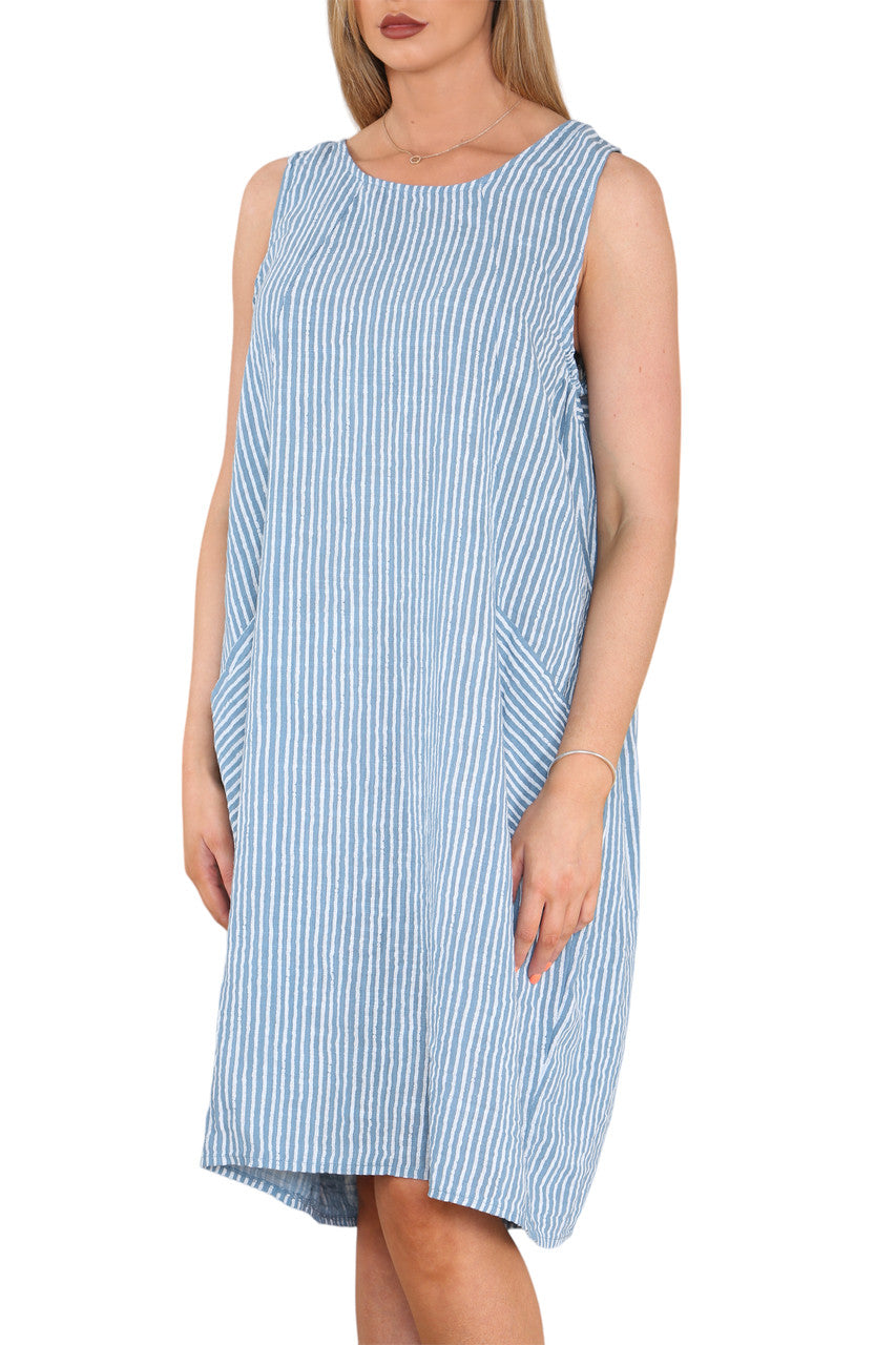 Ladies Stripe Pinafore Style Sleeveless Dress Denim