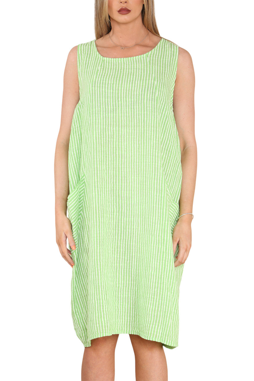 Ladies Stripe Pinafore Style Sleeveless Dress Lime