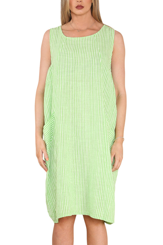Ladies Stripe Pinafore Style Sleeveless Dress Lime