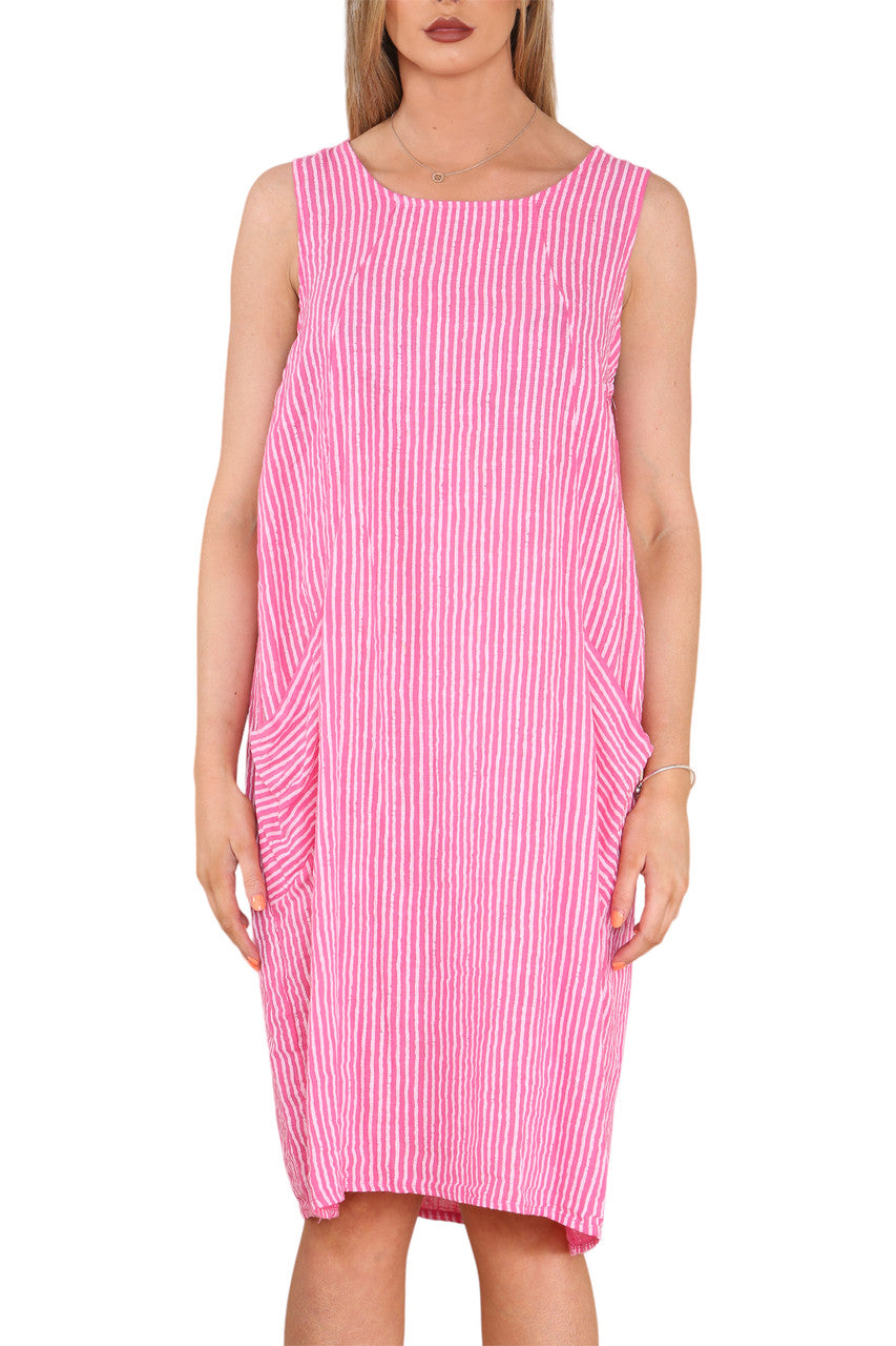 Ladies Stripe Pinafore Style Sleeveless Dress Cerise