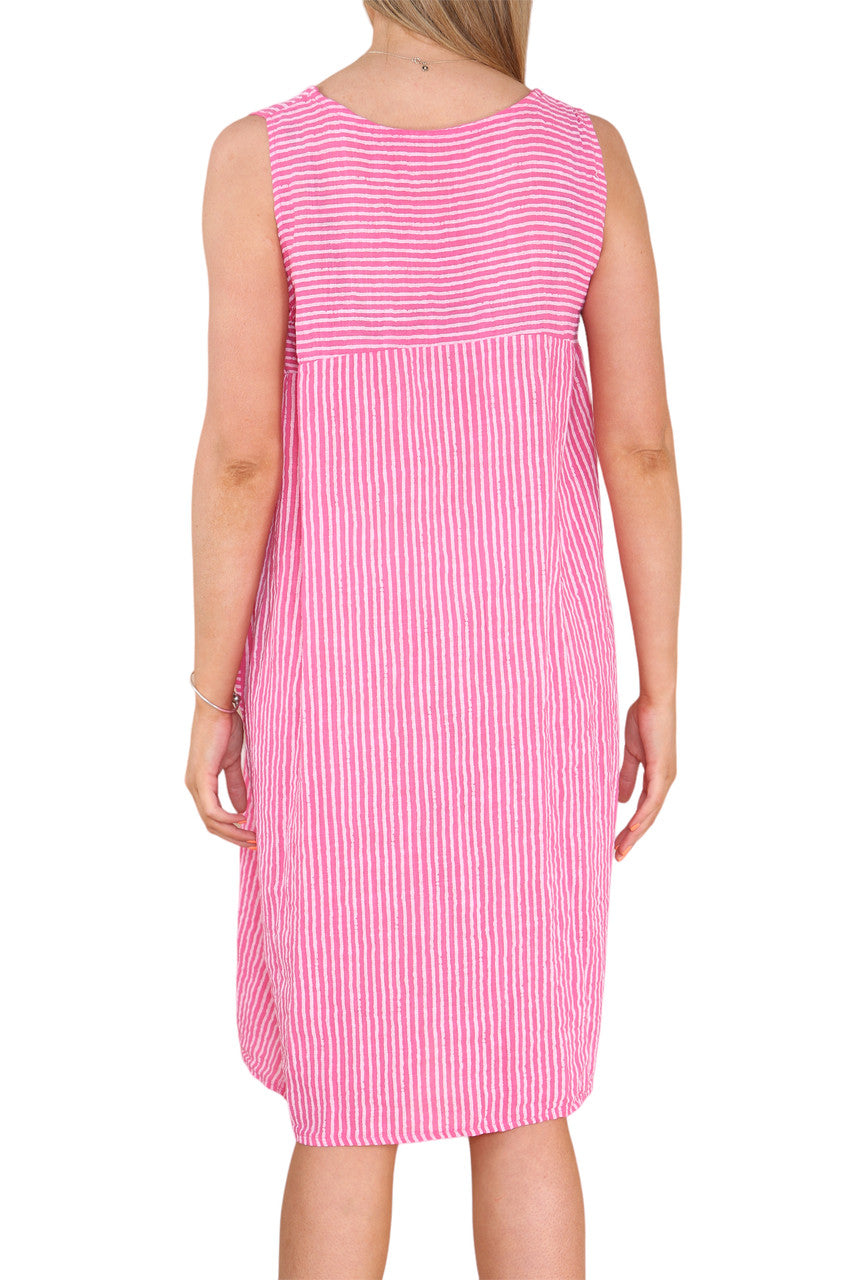 Ladies Stripe Pinafore Style Sleeveless Dress Cerise