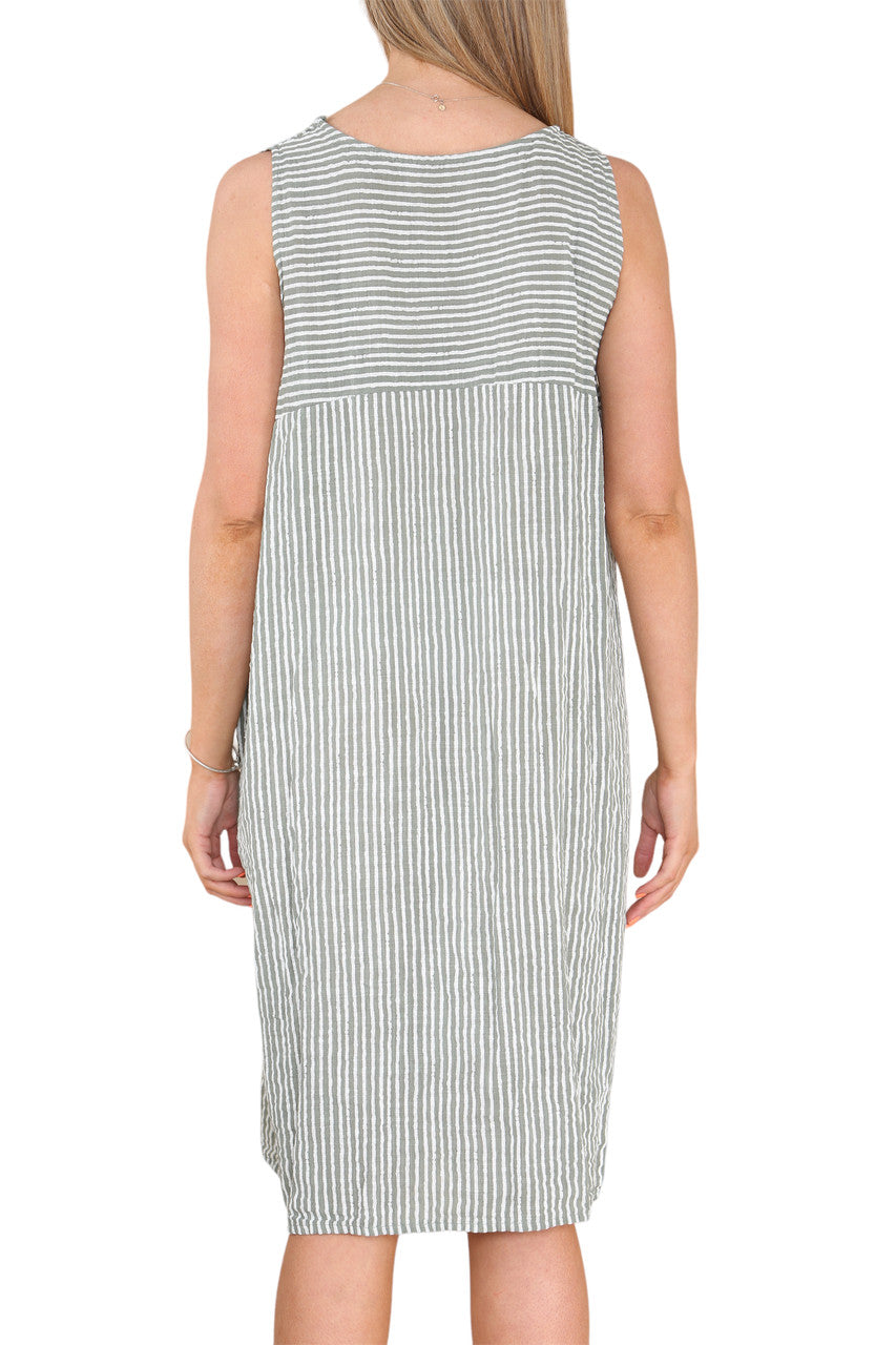 Ladies Stripe Pinafore Style Sleeveless Dress Khaki