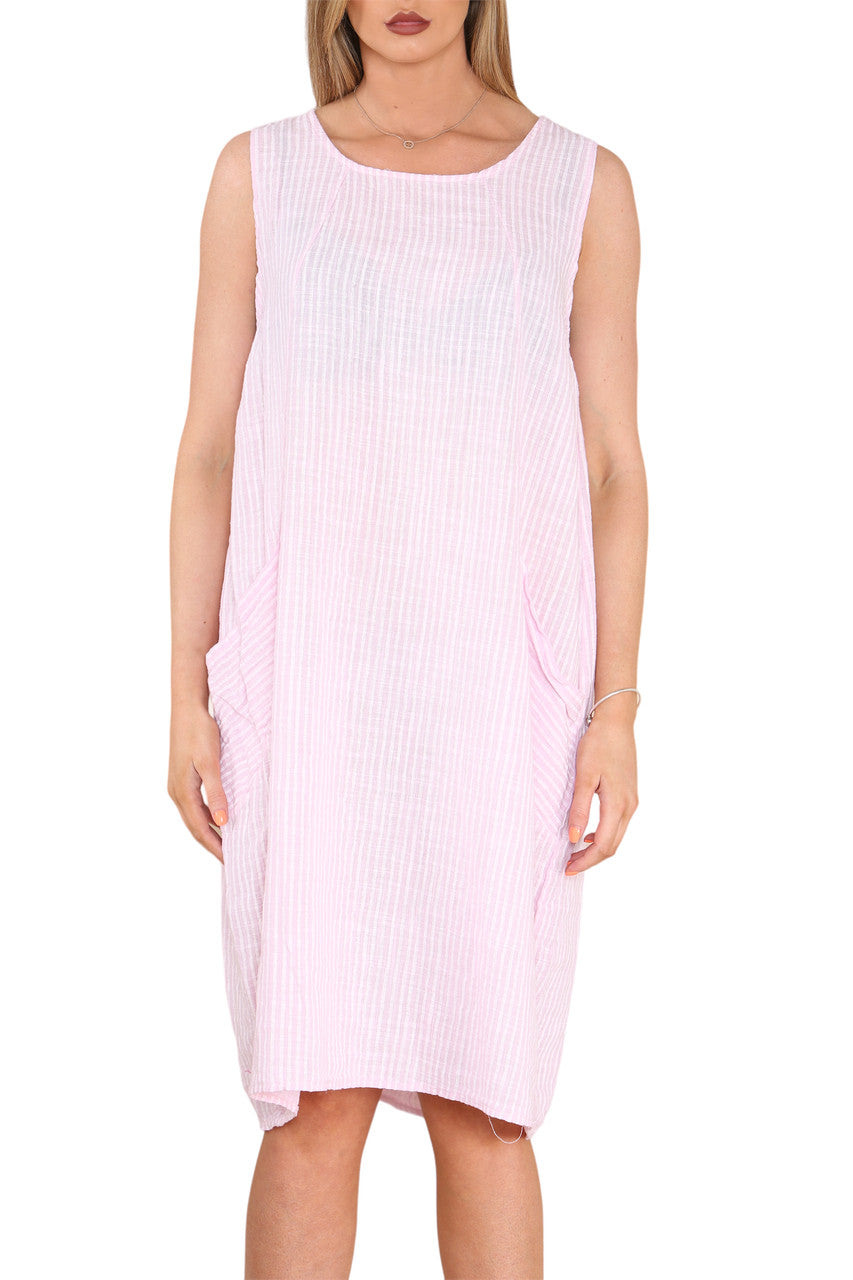 Ladies Stripe Pinafore Style Sleeveless Dress Pink