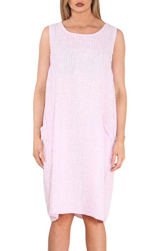 Ladies Stripe Pinafore Style Sleeveless Dress Pink