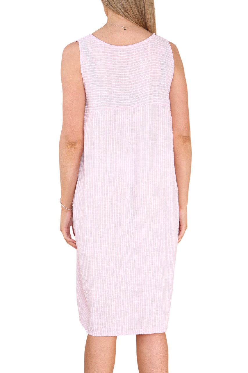 Ladies Stripe Pinafore Style Sleeveless Dress Pink