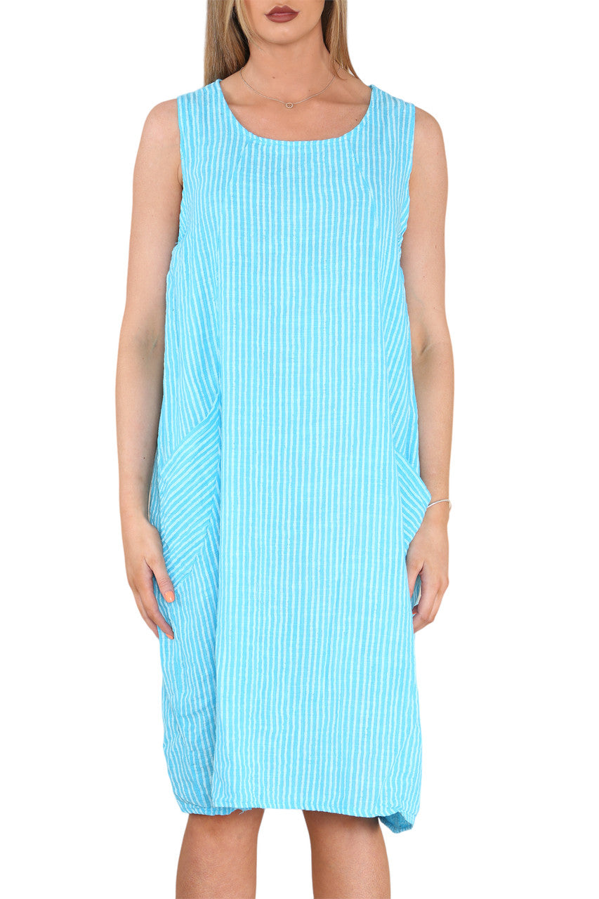 Ladies Stripe Pinafore Style Sleeveless Dress Turquoise