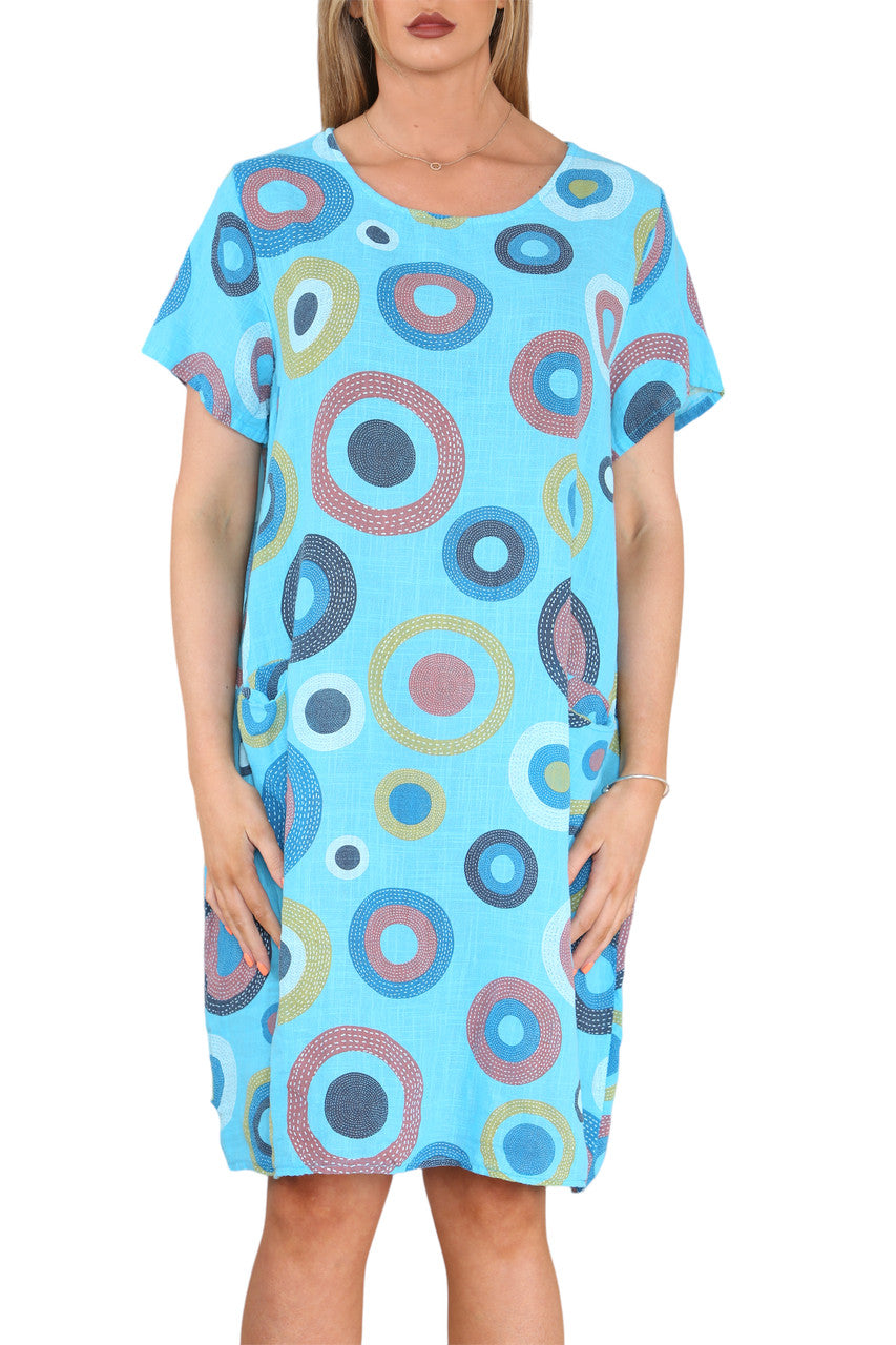 Ladies Circle Mix Print Tunic Dress Turquoise