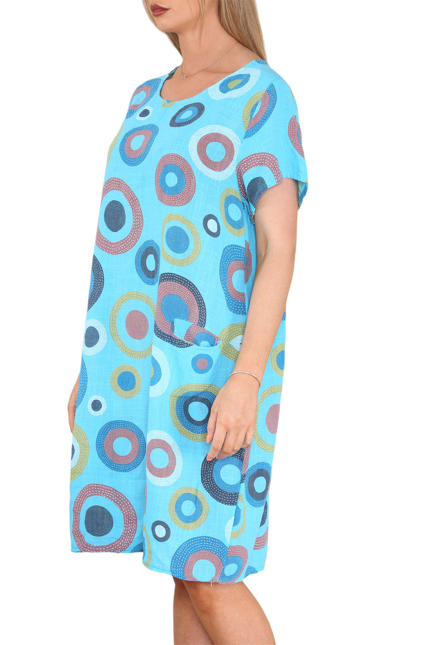 Ladies Circle Mix Print Tunic Dress Turquoise