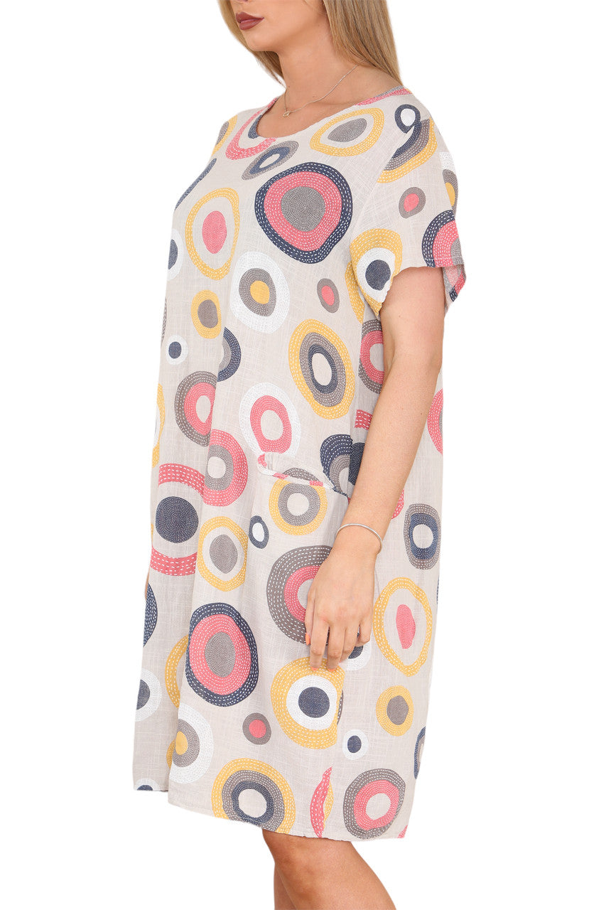 Ladies Circle Mix Print Tunic Dress  Stone
