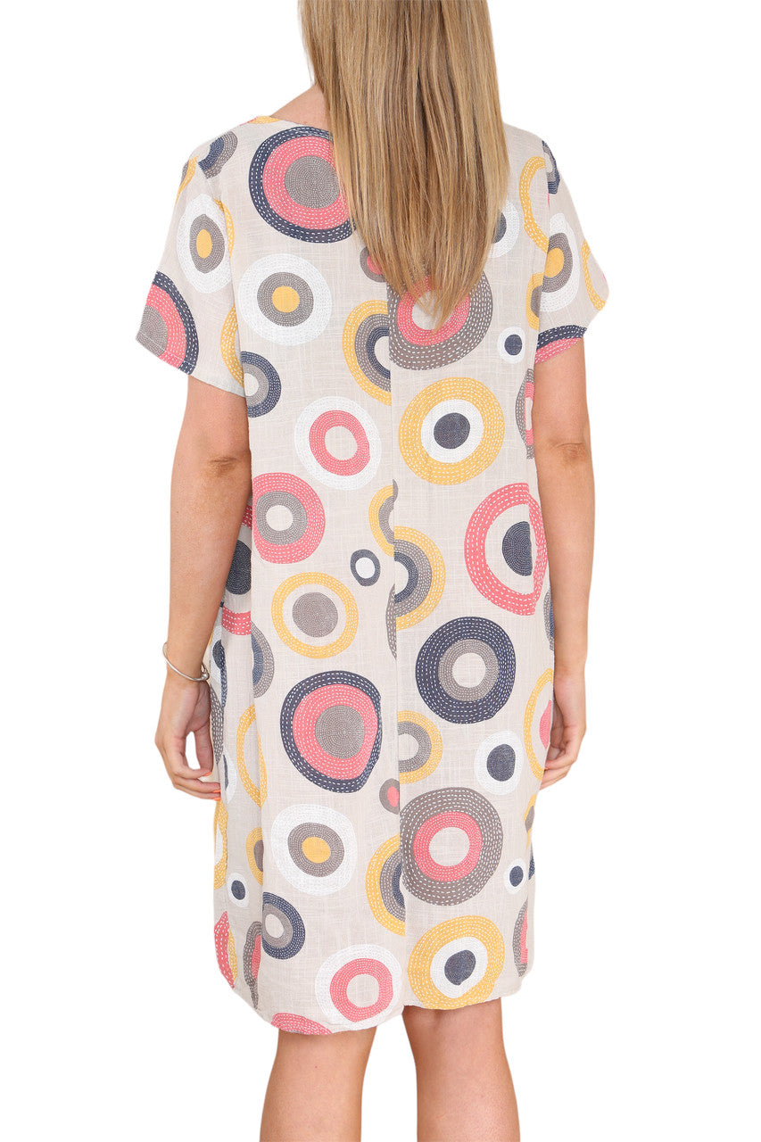 Ladies Circle Mix Print Tunic Dress  Stone