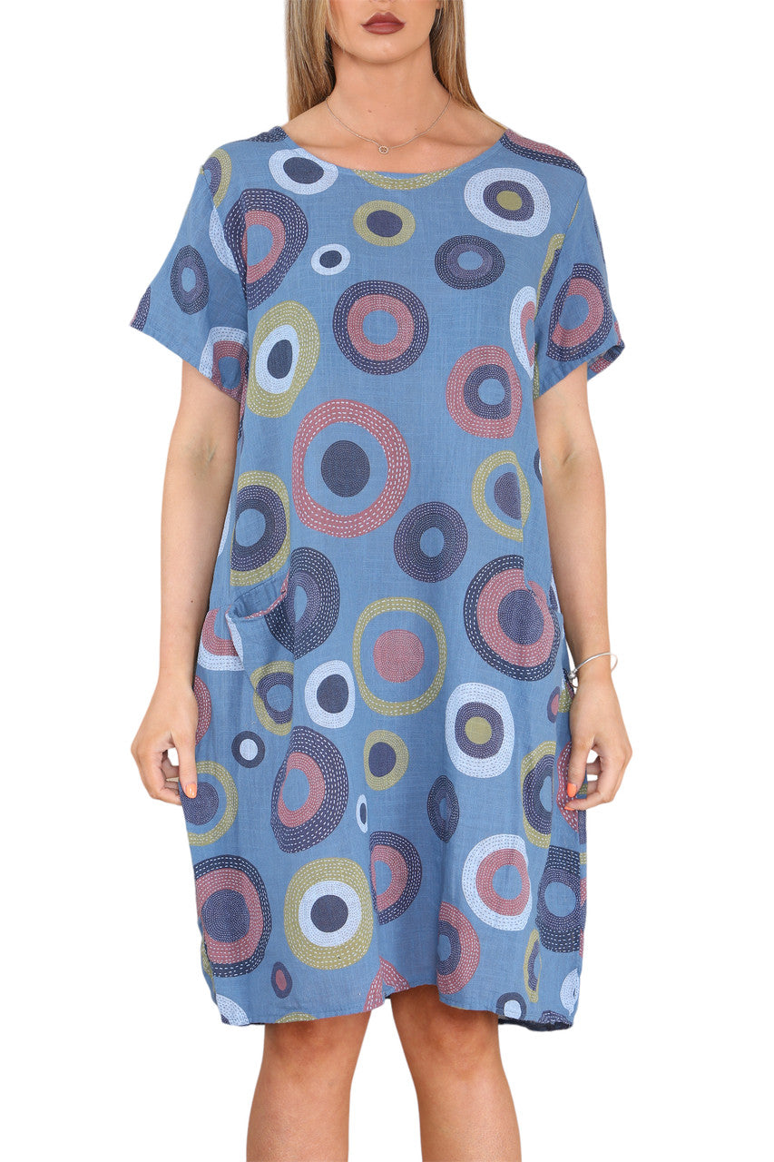 Ladies Circle Mix Print Tunic Dress Denim