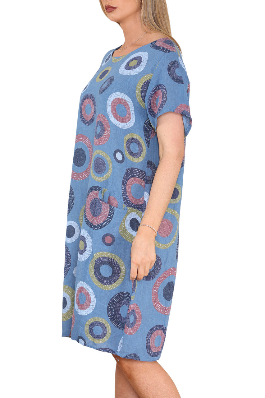 Ladies Circle Mix Print Tunic Dress Denim