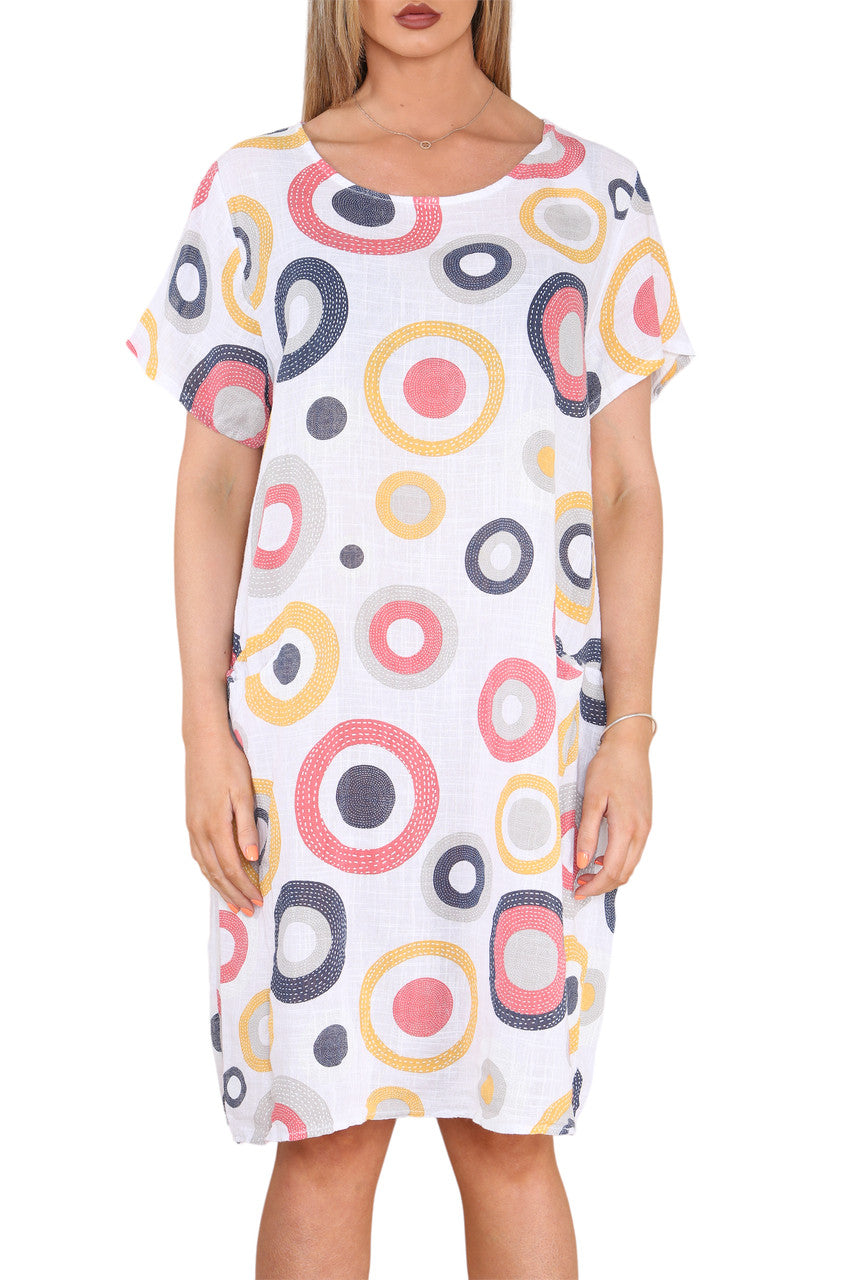 Ladies Circle Mix Print Tunic Dress White