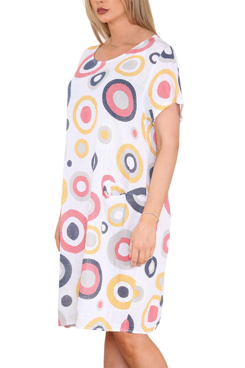 Ladies Circle Mix Print Tunic Dress White