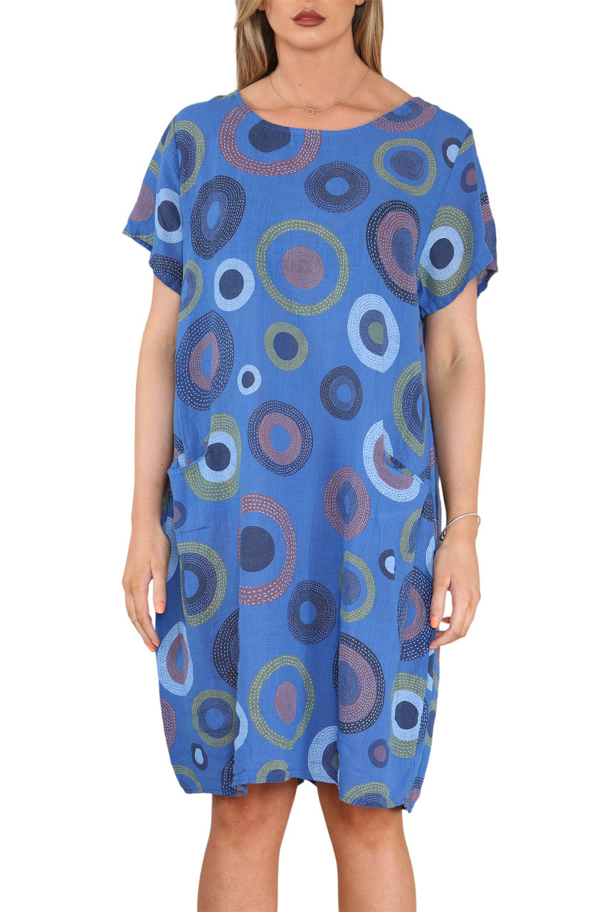 Ladies Circle Mix Print Tunic Dress Royal Blue