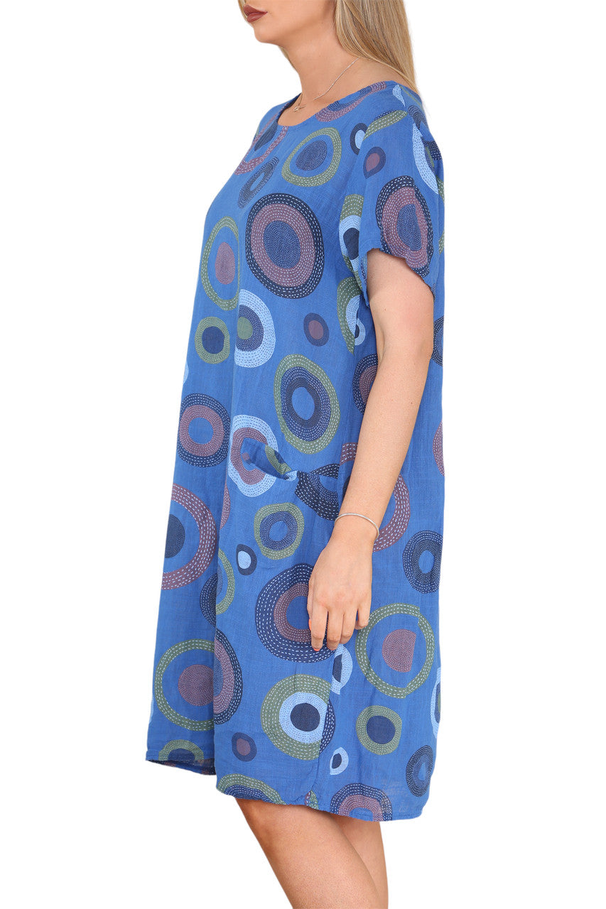 Ladies Circle Mix Print Tunic Dress Royal Blue