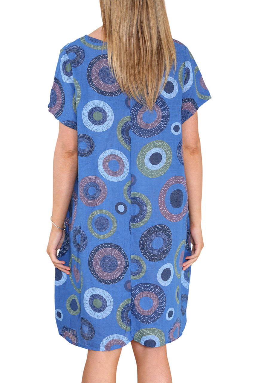 Ladies Circle Mix Print Tunic Dress Royal Blue