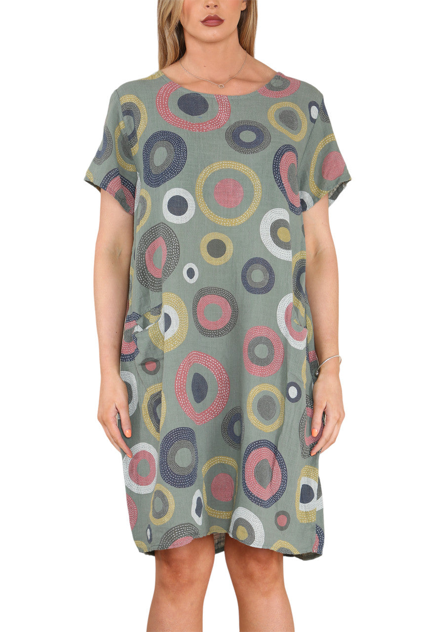 Ladies Circle Mix Print Tunic Dress Khaki