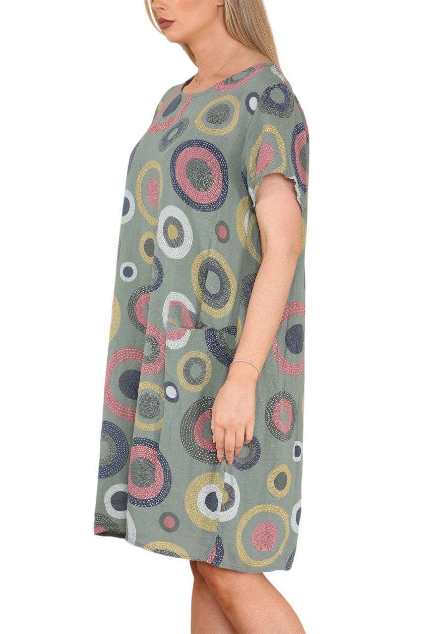 Ladies Circle Mix Print Tunic Dress Khaki