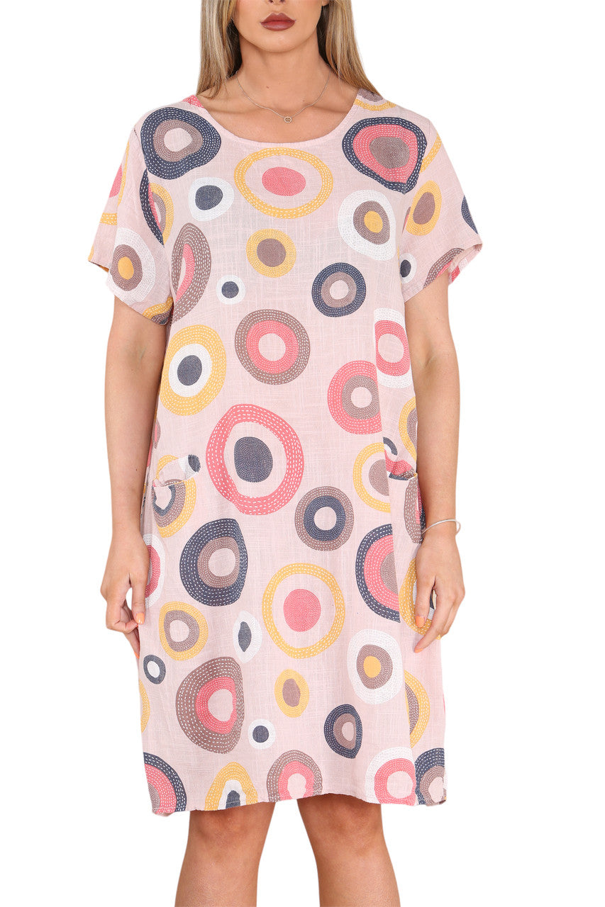 Ladies Circle Mix Print Tunic Dress Dusty Pink