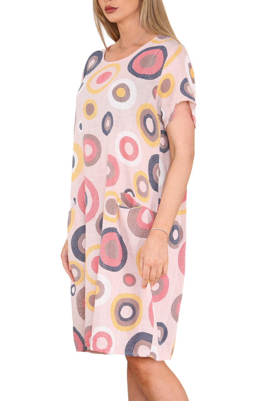 Ladies Circle Mix Print Tunic Dress Dusty Pink