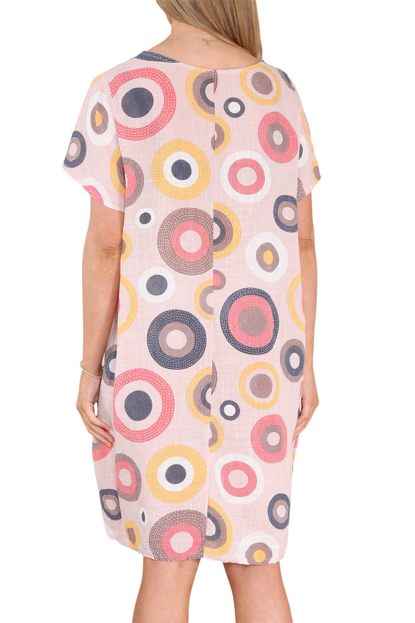Ladies Circle Mix Print Tunic Dress Dusty Pink
