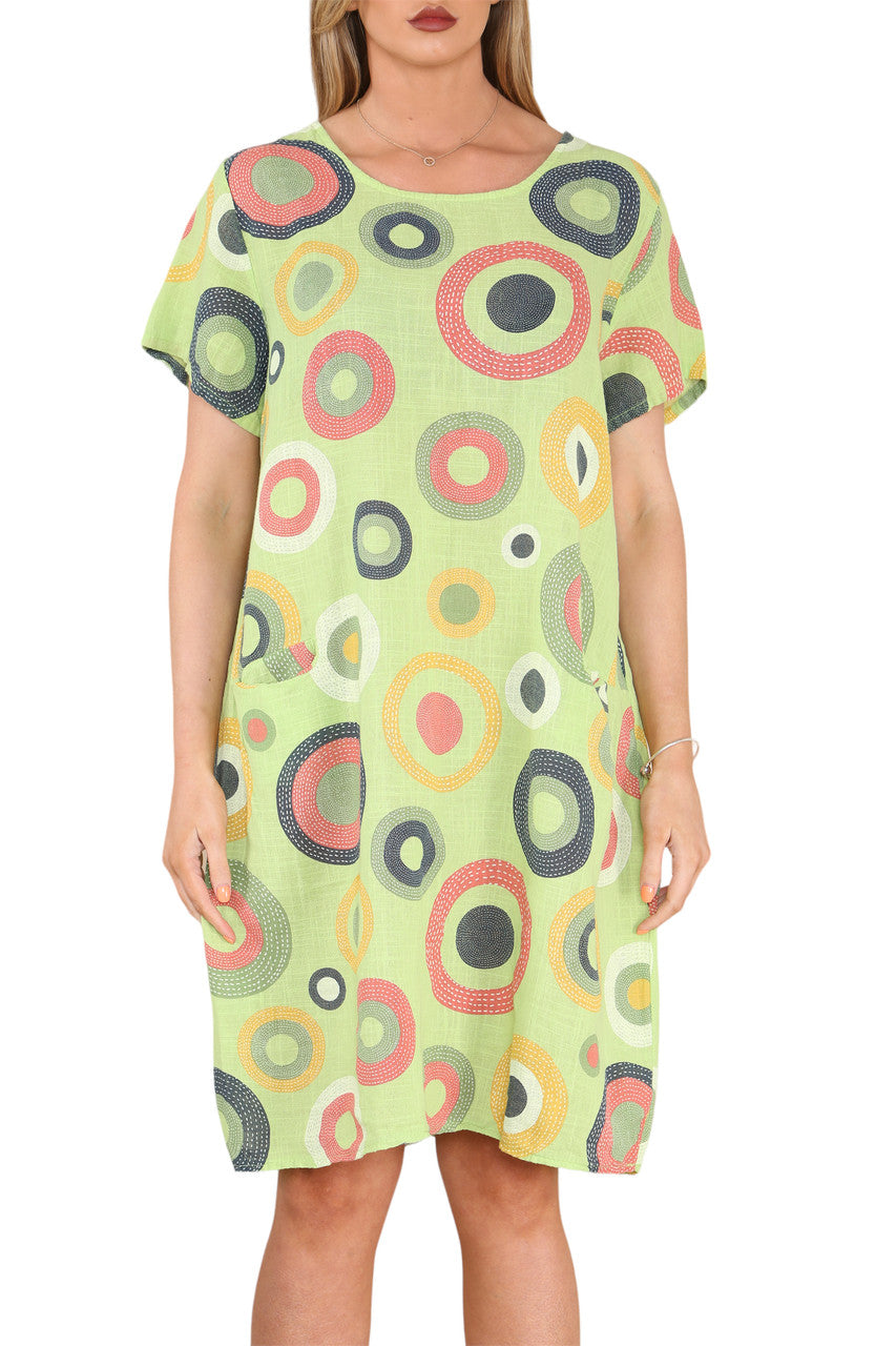 Ladies Circle Mix Print Tunic Dress Lime