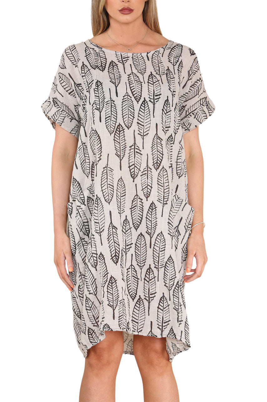 Ladies Leaf Skeleton Print Tunic Dress Stone