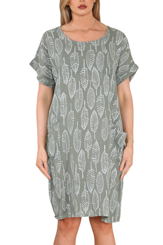 Dames Tuniekjurk met Bladskeletprint Kaki