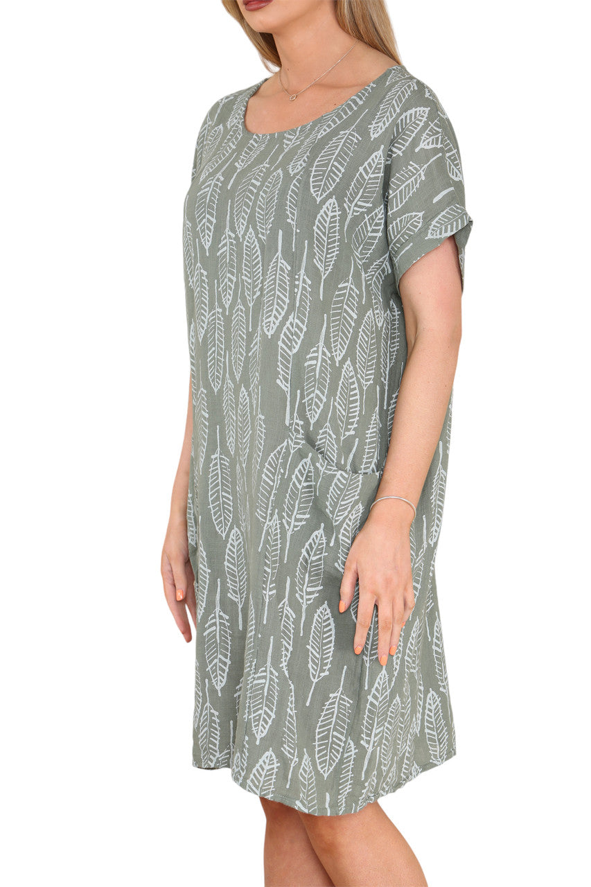 Ladies Leaf Skeleton Print Tunic Dress Khaki