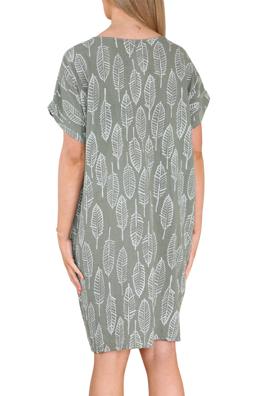 Ladies Leaf Skeleton Print Tunic Dress Khaki