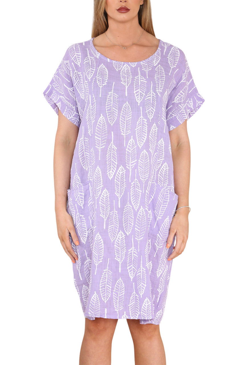 Ladies Leaf Skeleton Print Tunic Dress Lilac
