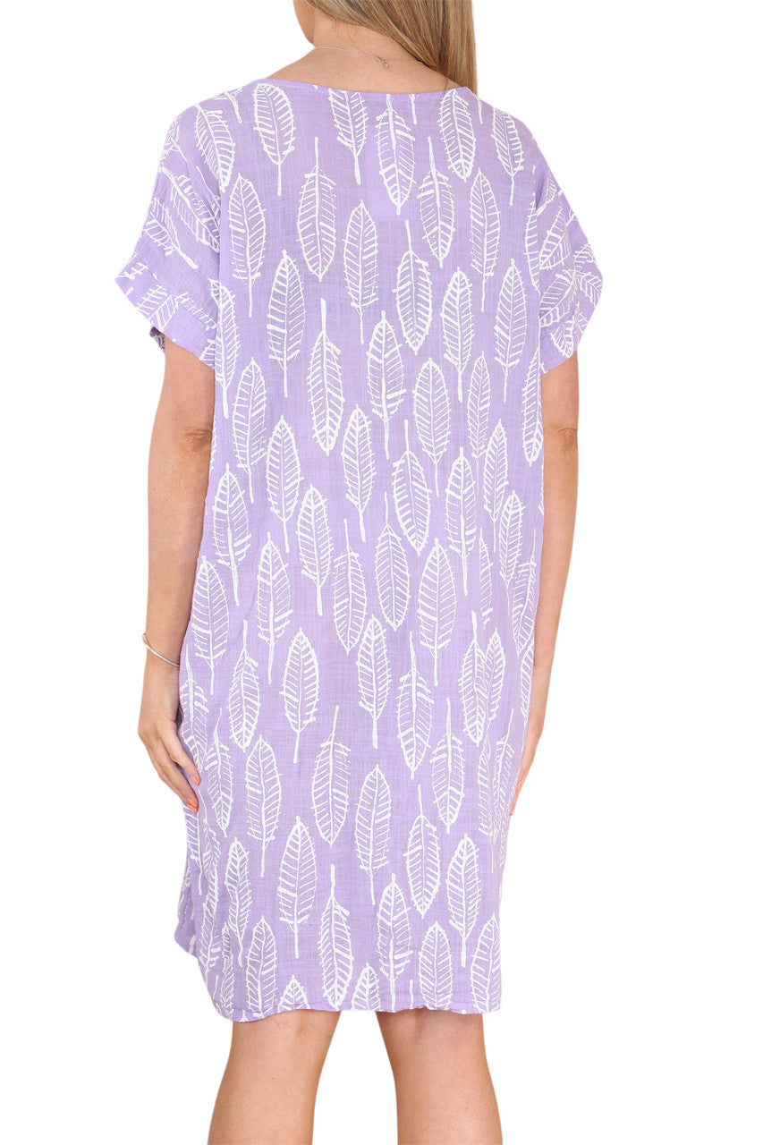 Ladies Leaf Skeleton Print Tunic Dress Lilac