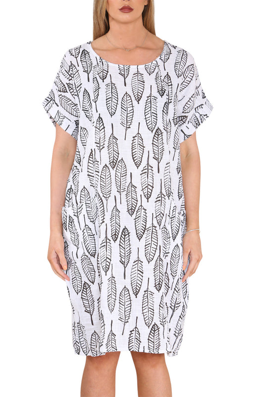 LEAF SKELETON PRINT TUNIC DRESS WHITE