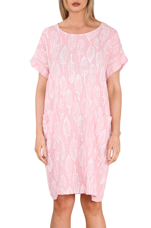 Dames tuniekjurk met bladskeletprint dusty pink