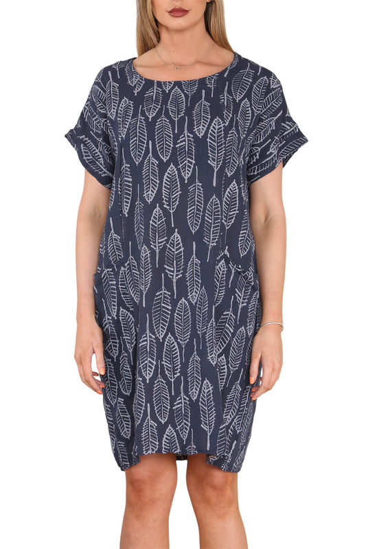 Dames Tuniekjurk met Bladskeletprint Marine