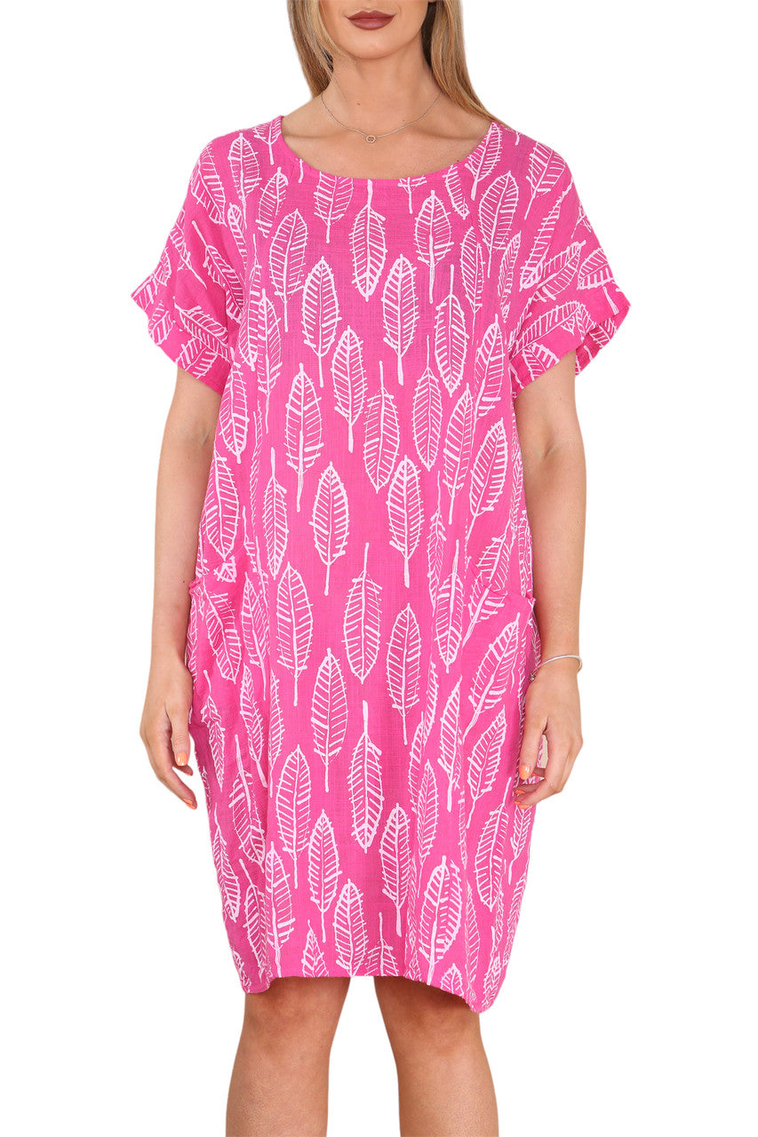 Ladies Leaf Skeleton Print Tunic Dress Cerise