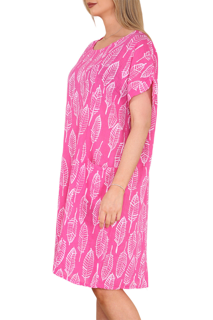 Ladies Leaf Skeleton Print Tunic Dress Cerise