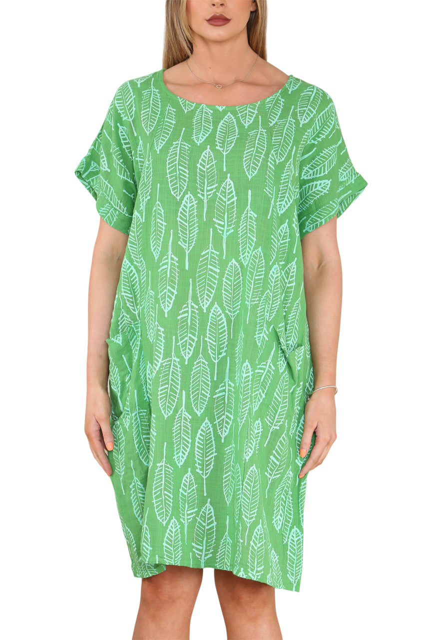 Ladies Leaf Skeleton Print Tunic Dress Green