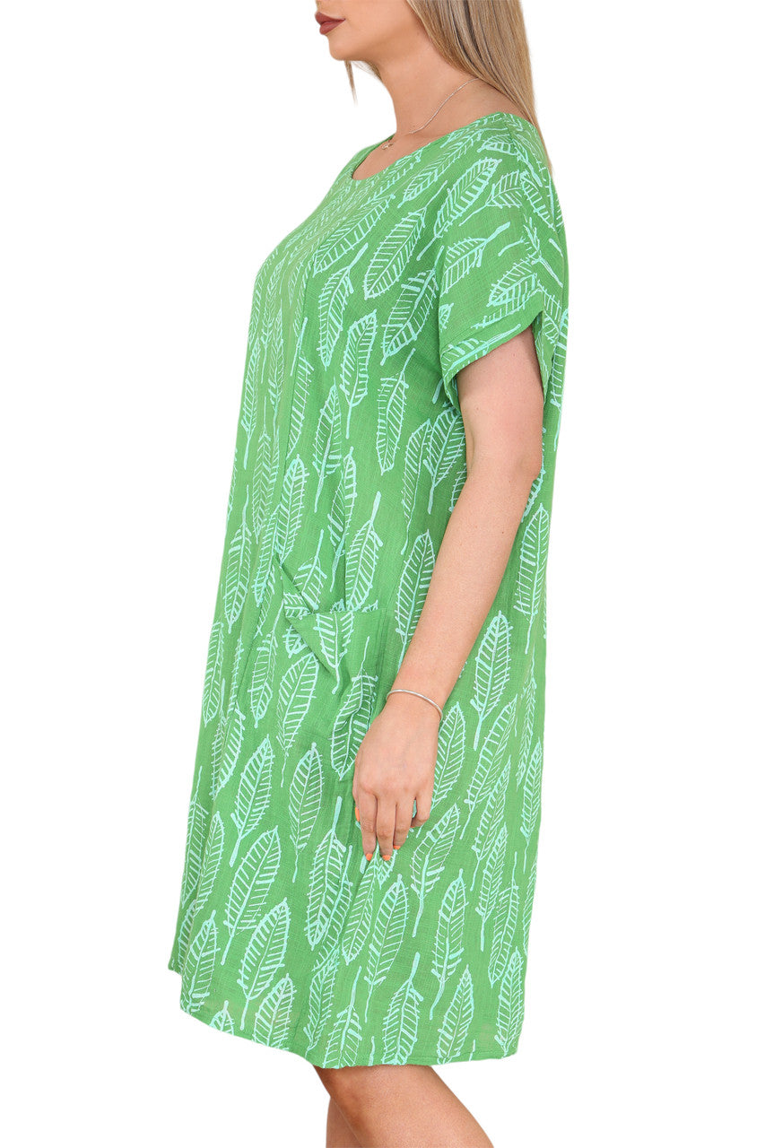 Ladies Leaf Skeleton Print Tunic Dress Green