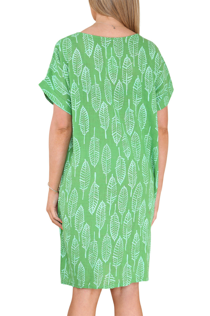 Ladies Leaf Skeleton Print Tunic Dress Green