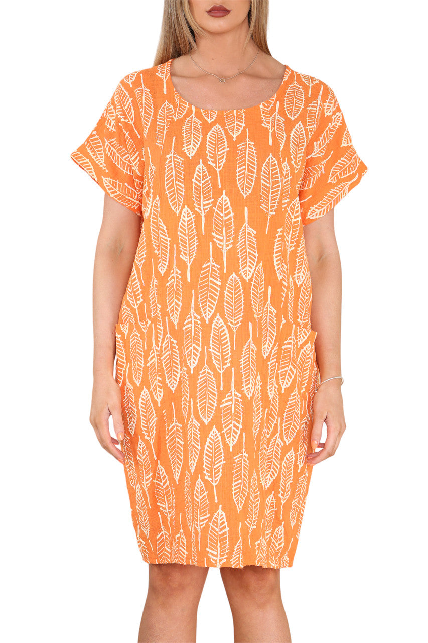 Ladies Leaf Skeleton Print Tunic Dress Orange
