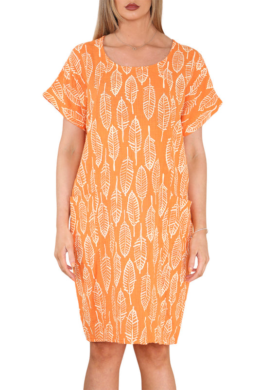 Dames tuniekjurk met bladskeletprint oranje