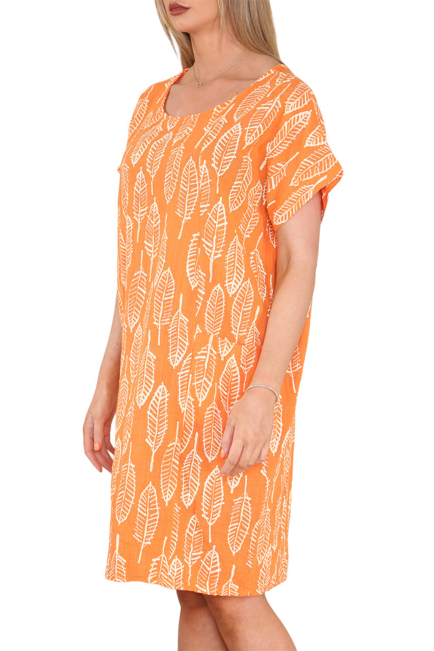 Ladies Leaf Skeleton Print Tunic Dress Orange