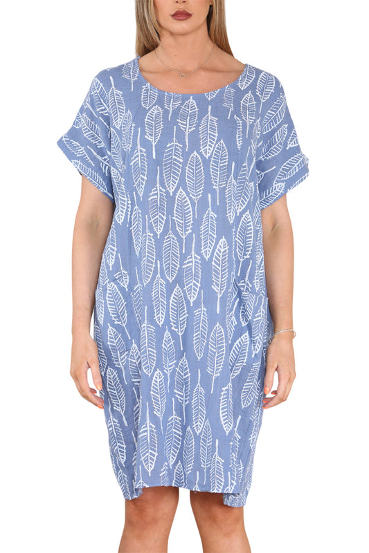 Dames tuniekjurk met bladskeletprint, denim