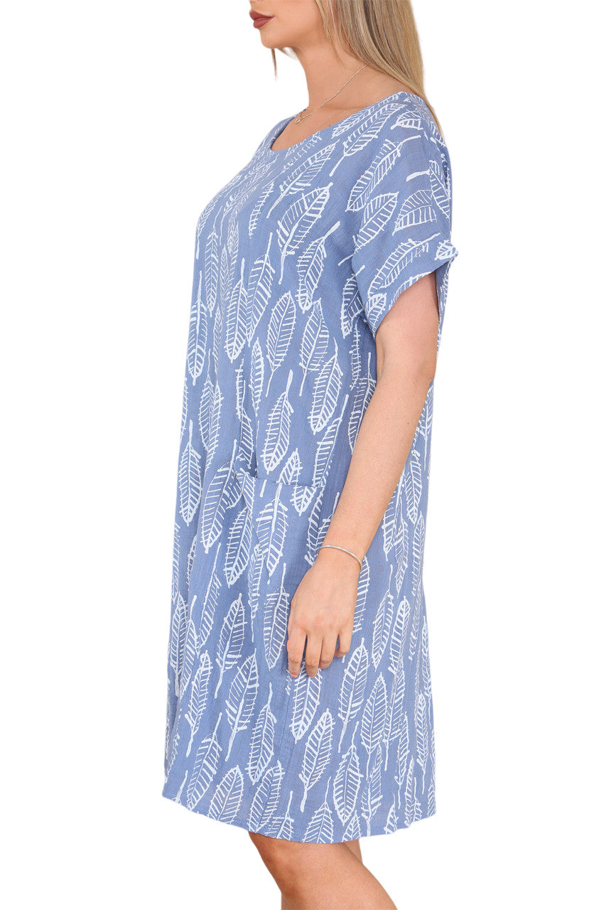 Dames tuniekjurk met bladskeletprint, denim