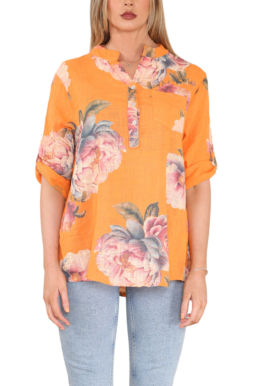 ROSE FLOWER PRINT GRANDAD SHIRT TOP ORANGE