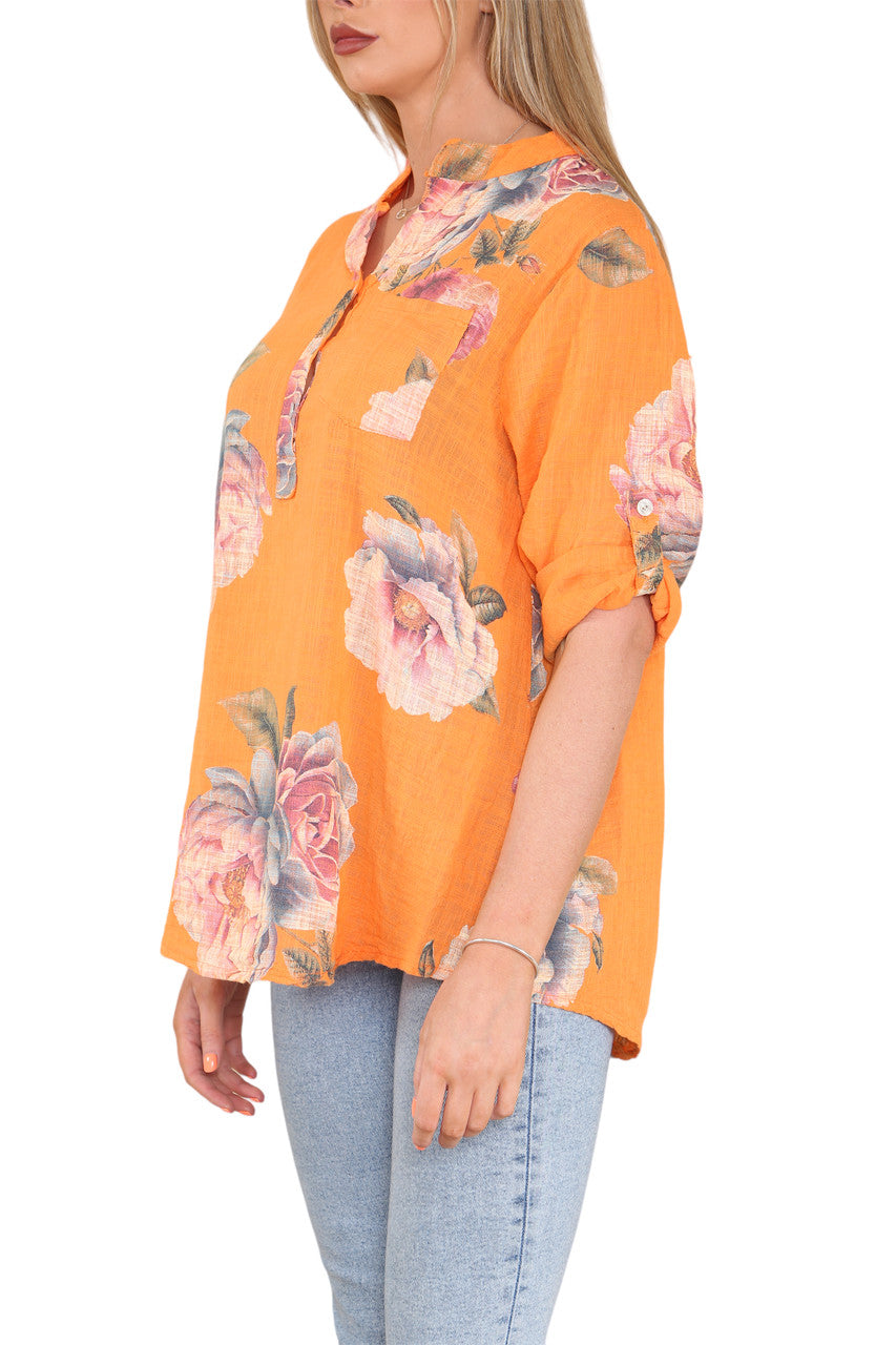 ROSE FLOWER PRINT GRANDAD SHIRT TOP ORANGE