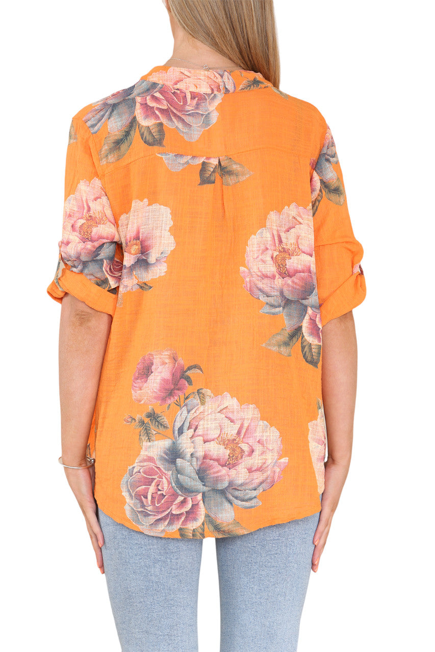ROSE FLOWER PRINT GRANDAD SHIRT TOP ORANGE